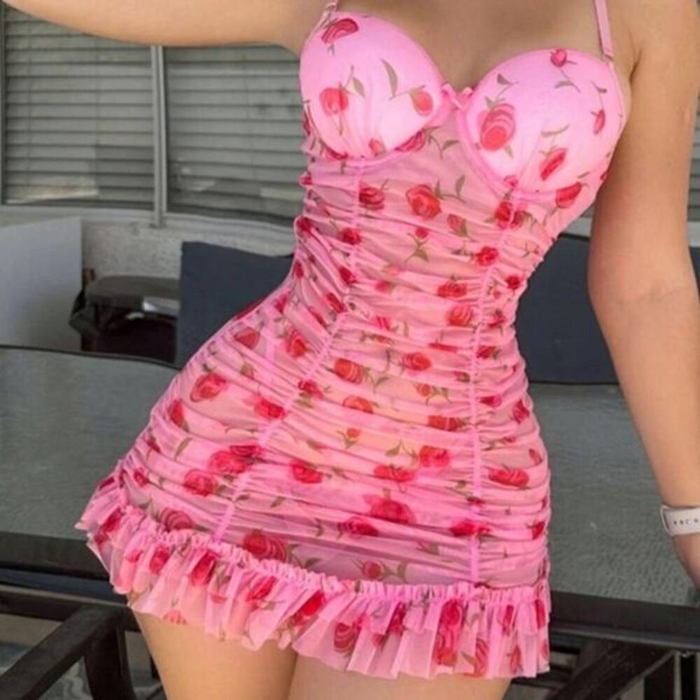 Sexy Valentine’s Day Pink Floral Rose Mesh Ruffled Hem Bustier Babydoll Set